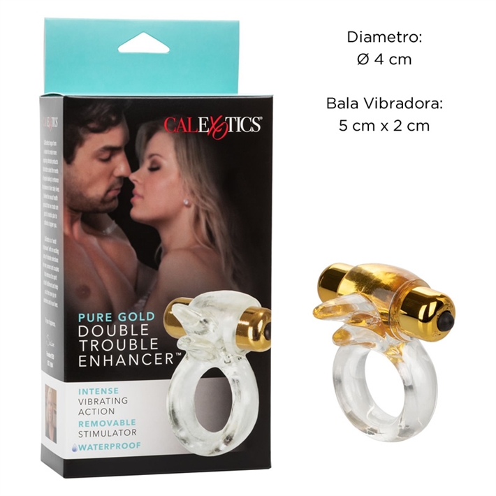 imagen de anillo peneano de silicona con dispositivo vibrador tipo bala de color dorado. 