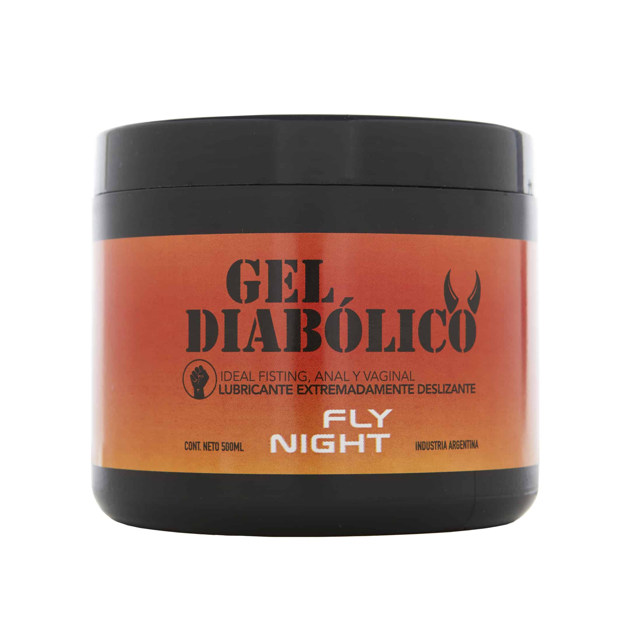 pote de 500ml de gel lubricante. etiqueta roja con la inscripcion en grande GEL DIABOLICO. marca fly night industria argentina